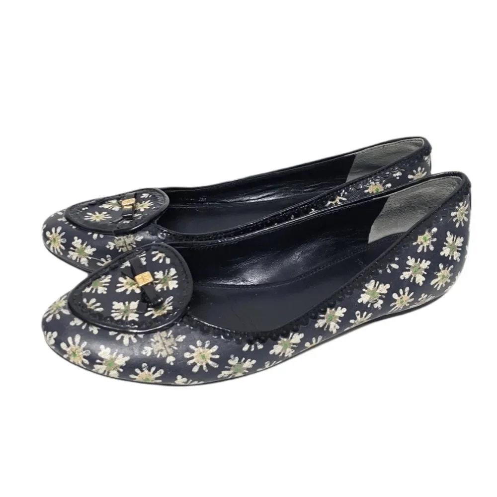 TORY BURCH Daisy Floral Navy Blue Flats Loafers 7